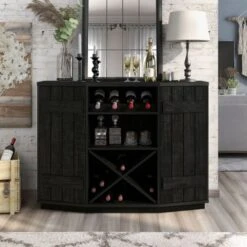 DH BASIC Farmhouse Plank-Style 28-Bottle 47-Inch Wine Cabinet Buffet By Denhour - Reclaimed Black Oak -Gourmet Interiors 42e395ea cb26 42a4 9dc3 89e211119d2a