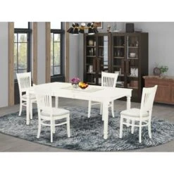 Wood Dining Table Set - A Butterfly Leaf Dining Table And Kitchen Chairs - Linen White Finish (Pieces & Seat Type Options) - DOVA5-LWH-C