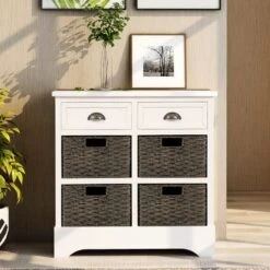 Rustic Storage Cabinet With Two Drawers And Four Classic Rattan Basket - N/A - White Washed -Gourmet Interiors 43436361 ac70 4670 8cfa 8c978b9d4e18
