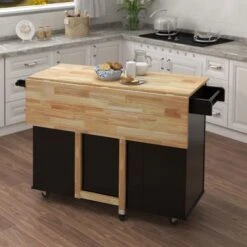 Nestfair Kitchen Island With Spice Rack Towel Rack And Extensible Solid Wood Top - Black -Gourmet Interiors 44ac62fa aa02 43cd abbc 98b3644ee982