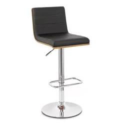 Aubrey Adjustable Height Swivel Black Faux Leather And Chrome Bar Stool With Walnut Wood