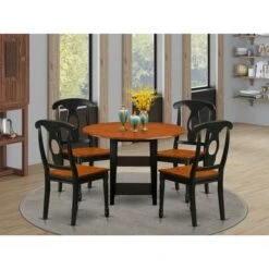 Sudbury Dining Set - Round Kitchen Table With Two Drop Leafs And Dinette Chairs - Black And Cherry Finish (Seat Type Options) - SUKE5-BCH-W