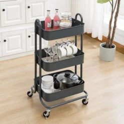 3-Tier Metal Utility Cart With Wheels Storage Shelves Organizer - 17.7"x13.7"x31" - Pink -Gourmet Interiors 49cf870a 2bd1 4878 af38 49d2e5ed0c53