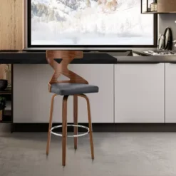 Gayle 26" Swivel Cross Back Grey Faux Leather And Walnut Wood Bar Stool -Gourmet Interiors 4a257239 9e5c 4cd4 8c56 685ce3eb1fc7