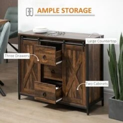 HOMCOM Industrial Farmhouse Buffet Cabinet, Kitchen Sideboard With Sliding Barn Doors, Three Drawers And Adjustable Shelves - Brown -Gourmet Interiors 4b6ebfd5 1923 4867 8571 756389bbab38