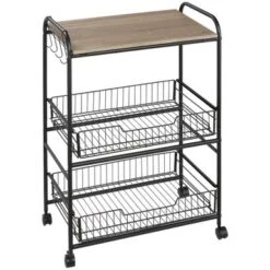 HOMCOM 24" 3-Tier Rolling Kitchen Cart, Utility Storage Trolley With 2 Basket Drawers, Side Hooks For Dining Room - Walnut -Gourmet Interiors 4ce65707 50bf 43ca bc58 c77dd2833689