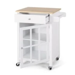 Maynard Indoor Glass Paneled Kitchen Cart With Wheels By Christopher Knight Home - White + Natural -Gourmet Interiors 4d826d18 6c3e 4f82 8001 37a583b8f55a
