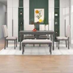 Nestfair 6-Piece Wood Dining Table Set With 4 Upholstered Chairs And Bench - Grey -Gourmet Interiors 50639995 9b62 4914 b77c b4d3d9eefc77