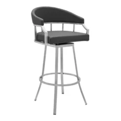 Palmdale Swivel Modern Slate Grey Faux Leather 30" Bar Stool In Brushed Stainless Steel Finish