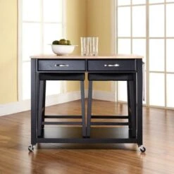 Crosley Furniture Black Natural Wood Top Kitchen Cart And Island With Black 24-inch Upholstered Saddle Stools - Black 12 Crosley Furniture Black Natural Wood Top Kitchen Cart And Island With Black 24-inch Upholstered Saddle Stools - Black -Gourmet Interiors 5117b384 5b00 4104 bf51 9a0ae236adfa