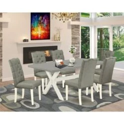 Dining Room Table Set - A Rectangular Table And Padded Parson Chairs - Cement And Linen White Finish (Pieces Options) - X097EL207-7