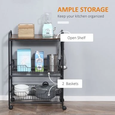 HOMCOM 24" 3-Tier Rolling Kitchen Cart, Utility Storage Trolley With 2 Basket Drawers, Side Hooks For Dining Room - Oak 6 HOMCOM 24" 3-Tier Rolling Kitchen Cart, Utility Storage Trolley With 2 Basket Drawers, Side Hooks For Dining Room - Oak - Image 5