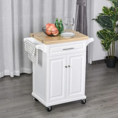HOMCOM Kitchen Island Cart On Wheels With Extended Counter Drawer Cabinet Towel Racks Versatile Use Natural Wood Top And White - Portable - White - Wood 3 HOMCOM Kitchen Island Cart On Wheels With Extended Counter Drawer Cabinet Towel Racks Versatile Use Natural Wood Top And White - Portable - White - Wood