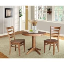 36" Round Solid Wood Extension Dining Table With 2 Dining Chairs - N/A - Distressed Oak