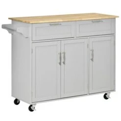 HOMCOM 48" Modern Kitchen Island Cart On Wheels With Storage Drawers, Rolling Utility Cart With Adjustable Shelves, Cabinets - White -Gourmet Interiors 54c9dce0 29f2 48f3 8659 36bb88192ff9