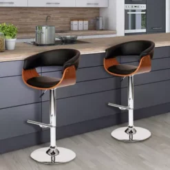 Paris Black Faux Leather Adjustable Height Swivel Walnut Wood And Chrome Bar Stool -Gourmet Interiors 57ea7ce1 8f35 443c 9466 a46a35e3c723