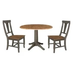 42 In. Round Dual Drop Leaf Dining Table With 2 Panel Back Chairs In Hickory/Washed Coal - Hickory/Washed Coal -Gourmet Interiors 586af348 1f7e 4b57 a547 fef2770fe2e0