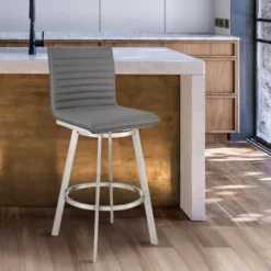 Jermaine 30" Bar Swivel Bar Stool In Brushed Stainless Steel Finish And Gray Faux Leather -Gourmet Interiors 59683c66 9133 4987 aada 97b1cba7da03