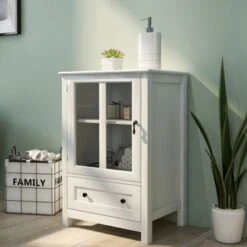 White Buffet Cabinet With Single Glass Doors,Unique Bell Handle - White -Gourmet Interiors 5a086c54 a4a7 4b7d 821d de1f982b9f2f