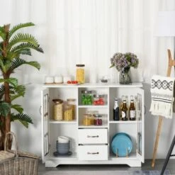 HOMCOM Modern Sideboard Storage Console Cabinet With Glass Door And Drawer For Kitchen, Living & Dining Room - White -Gourmet Interiors 5b26e4e8 6750 4e28 8eff 111c0e48b859