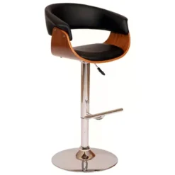 Paris Black Faux Leather Adjustable Height Swivel Walnut Wood And Chrome Bar Stool