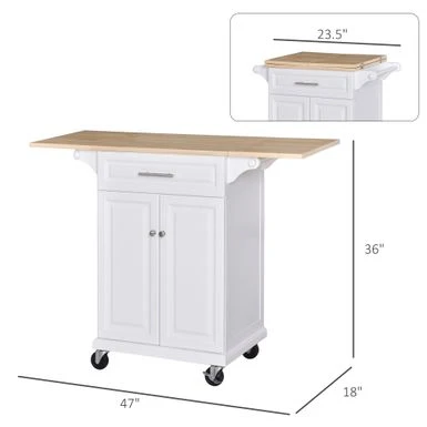 HOMCOM Kitchen Island Cart On Wheels With Extended Counter Drawer Cabinet Towel Racks Versatile Use Natural Wood Top And White - Portable - White - Wood 6 HOMCOM Kitchen Island Cart On Wheels With Extended Counter Drawer Cabinet Towel Racks Versatile Use Natural Wood Top And White - Portable - White - Wood - Image 4