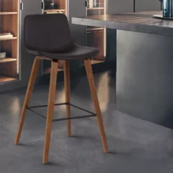 Maddie Contemporary 26" Bar Stool In Walnut Wood Finish And Brown Faux Leather -Gourmet Interiors 6587d50b cd9d 49fa 9557 b4a2baa032ea
