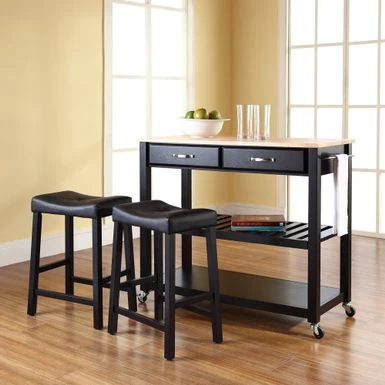 Crosley Furniture Black Natural Wood Top Kitchen Cart And Island With Black 24-inch Upholstered Saddle Stools - Black 3 Crosley Furniture Black Natural Wood Top Kitchen Cart And Island With Black 24-inch Upholstered Saddle Stools - Black