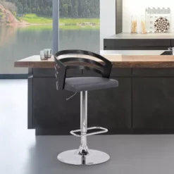Adele Adjustable Height Swivel Grey Faux Leather And Black Wood Bar Stool With Chrome Base -Gourmet Interiors 660c0f60 5bfe 413b 8e49 787efc804d55