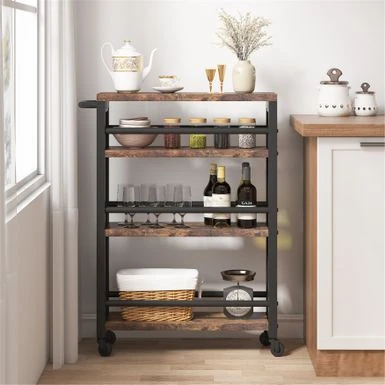 Lee Brown Narrow Rolling Kitchen Storage Cart With Wheels, 4 Tiers Slim Serving Trolley Utility Carts With Handle For Small Space - Brown 3 Lee Brown Narrow Rolling Kitchen Storage Cart With Wheels, 4 Tiers Slim Serving Trolley Utility Carts With Handle For Small Space - Brown