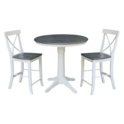 36" Round Pedestal Gathering Height Table With 2 X-Back Counter Height Stools - Set Of 3 Pieces - White/Heather Gray