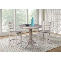 36" Round Extension Dining Table With 2 Stools - 3 Piece Set - Washed Gray Taupe