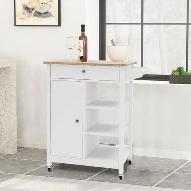 White Kitchen Cart With Towel Rack And Rubber Wood Table Top - Kitchen Cart 3 White Kitchen Cart With Towel Rack And Rubber Wood Table Top - Kitchen Cart