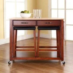 Cherry Wood Kitchen Cart/Island With Cherry 24-inch Upholstered Saddle Stools - Kitchen Cart - Wood - Cherry 11 Cherry Wood Kitchen Cart/Island With Cherry 24-inch Upholstered Saddle Stools - Kitchen Cart - Wood - Cherry -Gourmet Interiors 705553fa 4ae6 401b 93ce f095dcc4781d