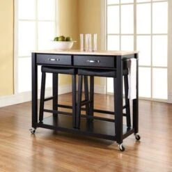 Crosley Furniture Black Natural Wood Top Kitchen Cart And Island With Black 24-inch Upholstered Saddle Stools - Black 11 Crosley Furniture Black Natural Wood Top Kitchen Cart And Island With Black 24-inch Upholstered Saddle Stools - Black -Gourmet Interiors 73468674 d7c5 4f0b a035 cded407f7d8b