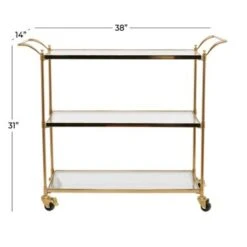 Brass Metal Rolling 3 Glass Shelves Bar Cart With Lockable Wheels - 14 X 37.5 X 31 - Iron - Brass -Gourmet Interiors 745c5988 fceb 402e 892d 778fcdba1635