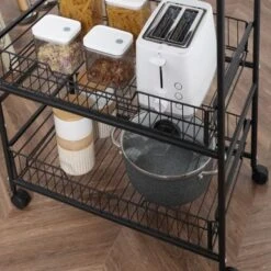 HOMCOM 24" 3-Tier Rolling Kitchen Cart, Utility Storage Trolley With 2 Basket Drawers, Side Hooks For Dining Room - Walnut -Gourmet Interiors 746ba178 7b5d 43d2 b282 a1a4069eeb44