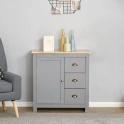 HOMCOM Modern Floor Cabinet, Storage Sideboard, Kitchen Buffet Table W/ Rubberwood Top, 3 Drawers And Cabinet - Grey