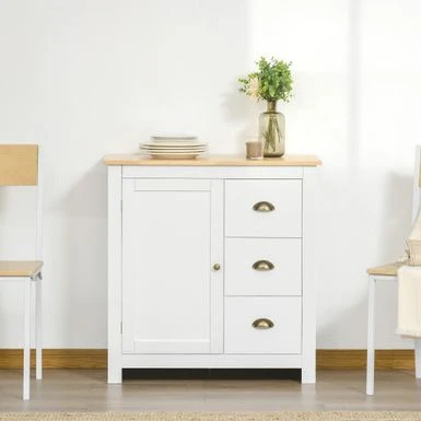 HOMCOM Modern Floor Cabinet, Storage Sideboard, Kitchen Buffet Table W/ Rubberwood Top, 3 Drawers And Cabinet - Grey 4 HOMCOM Modern Floor Cabinet, Storage Sideboard, Kitchen Buffet Table W/ Rubberwood Top, 3 Drawers And Cabinet - Grey - Image 2