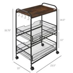 HOMCOM 24" 3-Tier Rolling Kitchen Cart, Utility Storage Trolley With 2 Basket Drawers, Side Hooks For Dining Room - Oak 24 HOMCOM 24" 3-Tier Rolling Kitchen Cart, Utility Storage Trolley With 2 Basket Drawers, Side Hooks For Dining Room - Oak -Gourmet Interiors 75baacec 8a15 4005 9878 1e6fe9cff06c