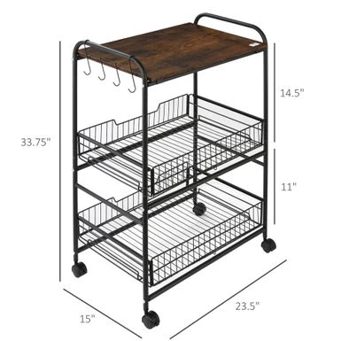 HOMCOM 24" 3-Tier Rolling Kitchen Cart, Utility Storage Trolley With 2 Basket Drawers, Side Hooks For Dining Room - Oak 5 HOMCOM 24" 3-Tier Rolling Kitchen Cart, Utility Storage Trolley With 2 Basket Drawers, Side Hooks For Dining Room - Oak - Image 4