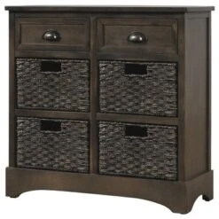 Rustic Storage Cabinet With Two Drawers And Four Classic Rattan Basket - Grey -Gourmet Interiors 782e8559 3f22 4fc5 a066 06555675bd77