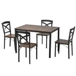 5-Piece Industrial Wooden Dining Set With Metal Frame And 4 Ergonomic Chairs, Brown - Brown -Gourmet Interiors 7854ea3a 869c 438b 98ef 9e7f17c4bc1f