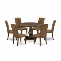 Dining Table Set Includes A Modern Kitchen Table And Brown Linen Fabric Dining Chairs - Distressed Jacobean (Pieces Option) - I2EL5-718 -Gourmet Interiors 790d4807 bc18 4ce1 8035 704a69a87fc4
