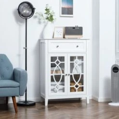 HOMCOM Kitchen Cabinet, Storage Cabinet, Sideboard Floor Accent Cabinet W/ 2 Glass Doors, Drawer & Adjustable Shelves - Off-white