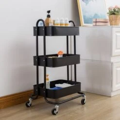 Siavonce Storage Trolley On Wheels Utility 3-Tier Metal Shelving - 17.7" L X 13.7" W X31" H - Black - Kitchen Cart - Stainless Steel -Gourmet Interiors 7dd6d229 6311 4ea3 a04d 98ebb2422305