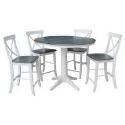36" Round Extension Dining Table With 4 X-Back Counter Height Stools - Set Of 5 Pieces - Round - 4 - White/Heather Gray