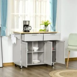 HOMCOM 48" Modern Kitchen Island Cart On Wheels With Storage Drawers, Rolling Utility Cart With Adjustable Shelves, Cabinets - White -Gourmet Interiors 7fdcfc07 9143 4008 a596 f064531425de