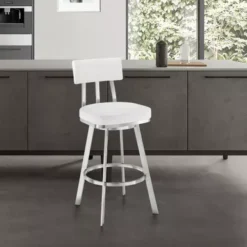 Jinab Swivel Bar Stool In Brushed Stainless Steel With White Faux Leather