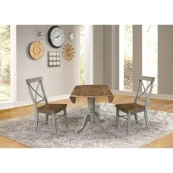 42" Dual Drop Leaf Table With 2 X-Back Chairs - Set Of 3 Pieces - 42" X 42" X 29.5" - Distressed Hickory/Stone -Gourmet Interiors 80ef1ff3 2233 470f 9e78 08554ab7e7ed